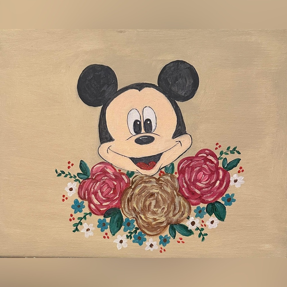 Hand-Painted Mickey Mouse Floral Canvas - Neutral, Black, Pink, Gold Accents